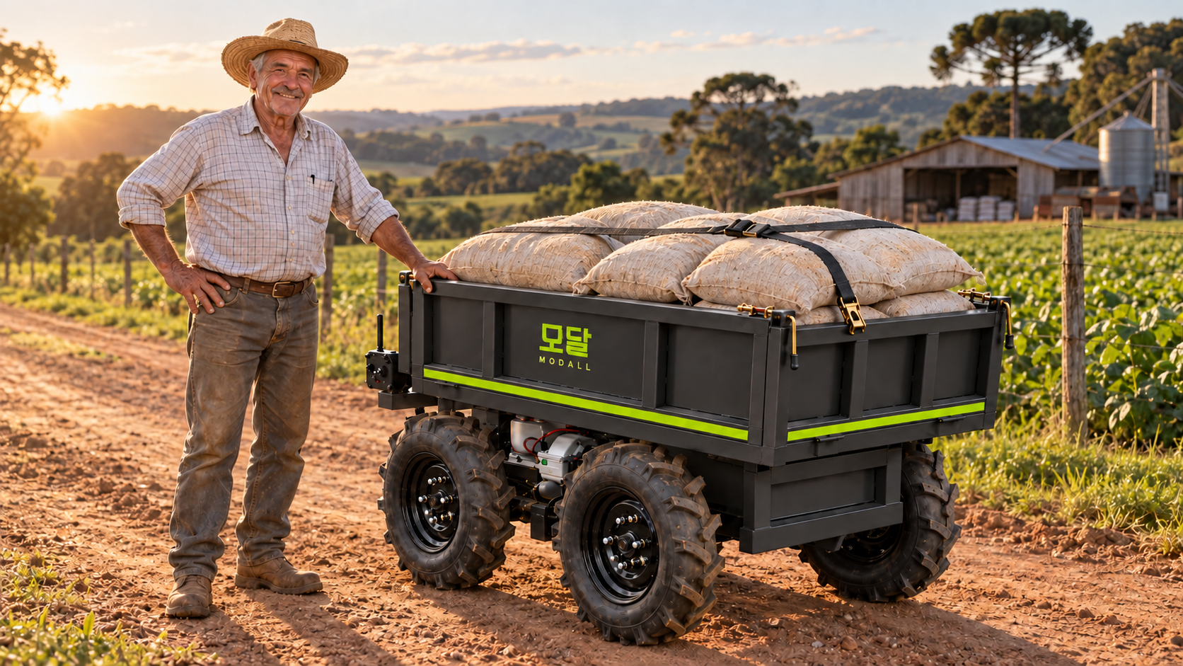 Cena ilustrativa do Modall Terra no campo, carregado com sacas e acompanhado por um agricultor sorrindo